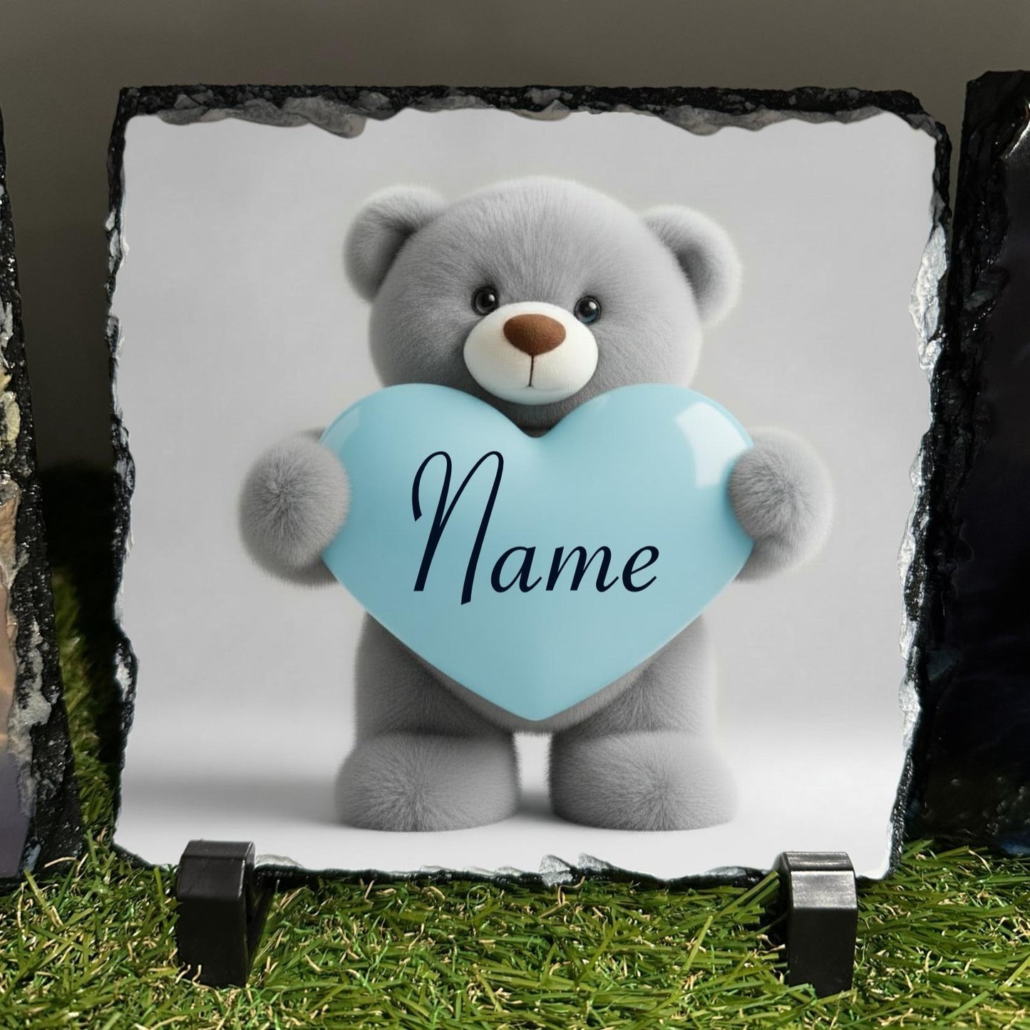 Personalised Grey teddy blue heart design outdoor or indoor slate