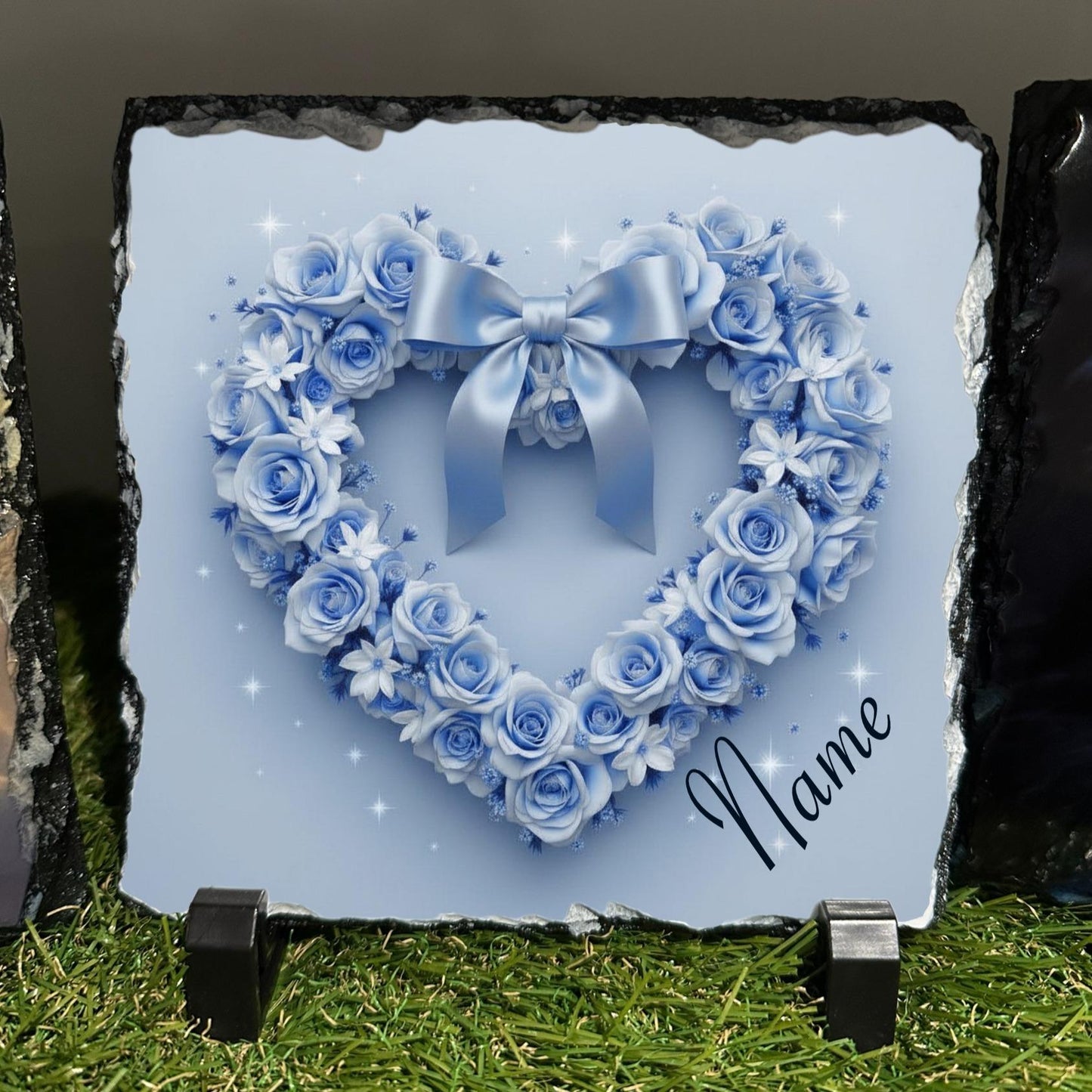 Personalised Blue Rose heart with bow design outdoor or indoor slate with crystal details