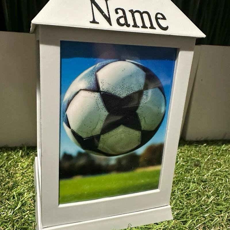 Personalised - football memorial outdoor lantern grey & black glitter detail with built in timer