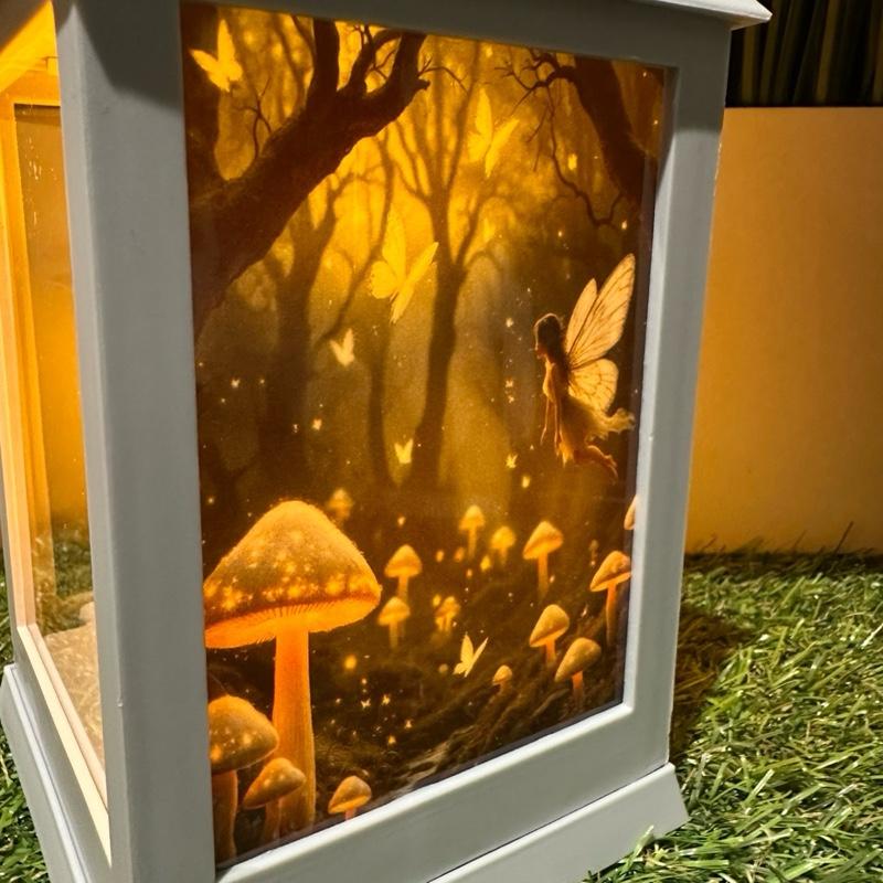 Personalised - enchanted firefly forest design outdoor grey lantern with glitter detail & 6 hour timer