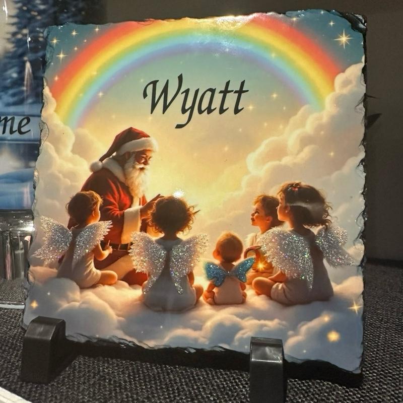 Personalised memorial Santa in heaven glitter wings colour option slate - in or outdoor