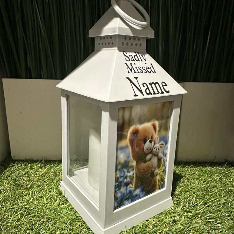 Teddy & bunny memorial lantern with blue flowers - grey & black glitter lantern with build in 6 hour timer
