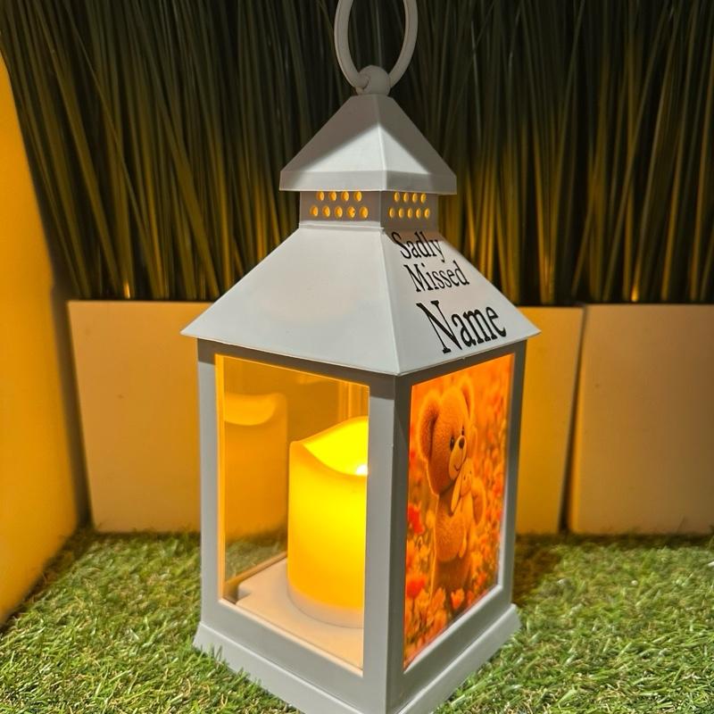 Teddy & bunny memorial lantern with pink flowers - grey & black glitter lantern with build in 6 hour timer