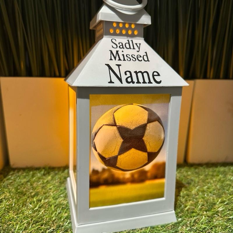 Personalised - football memorial outdoor lantern grey & black glitter detail with built in timer