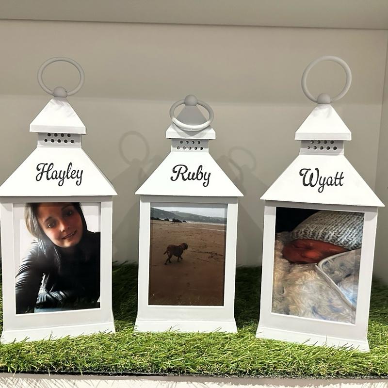 Photo personalised out door grey lantern with built in 6 timer
