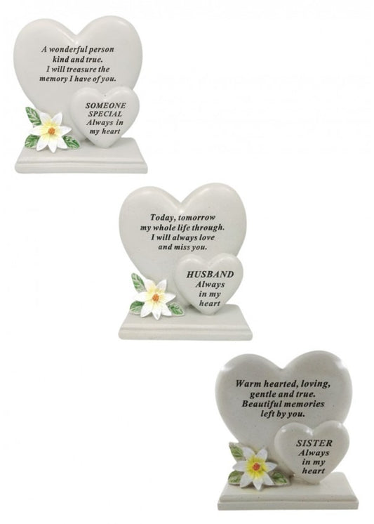 Options - Double heart memorial plaque with flower