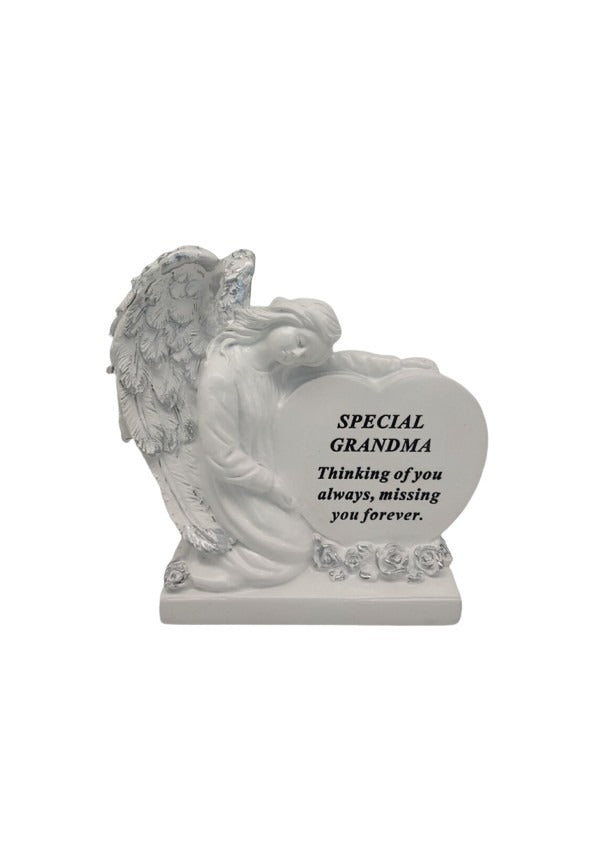 Options - A Stunning Memorial White Heart With Sleeping Angel, indoor & outdoor use