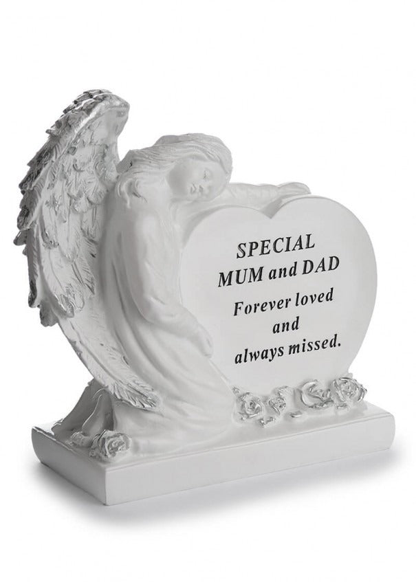 Options - A Stunning Memorial White Heart With Sleeping Angel, indoor & outdoor use