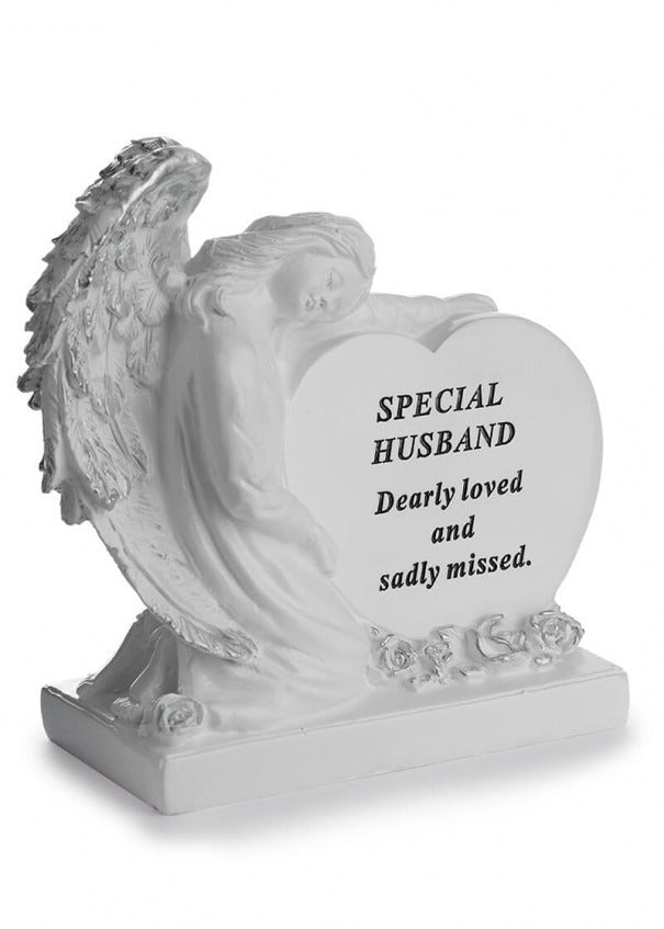 Options - A Stunning Memorial White Heart With Sleeping Angel, indoor & outdoor use