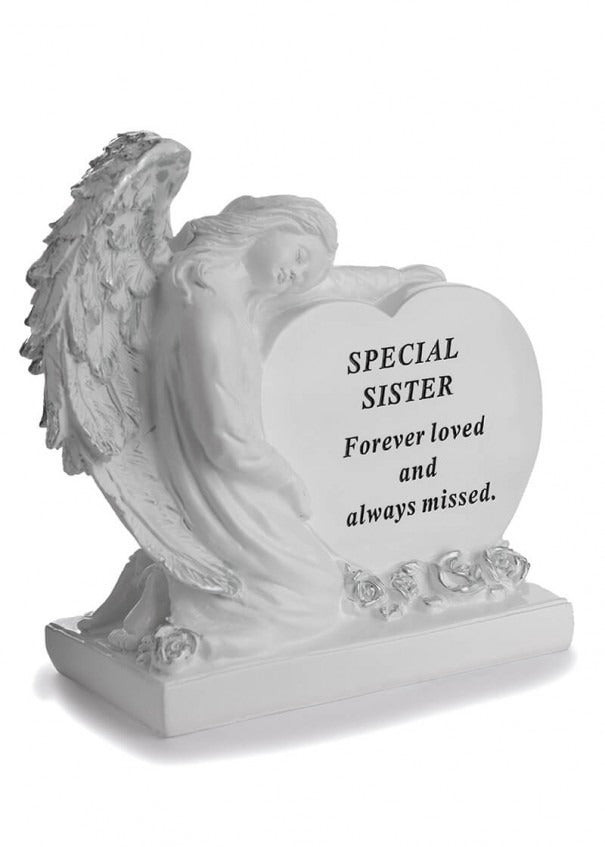 Options - A Stunning Memorial White Heart With Sleeping Angel, indoor & outdoor use