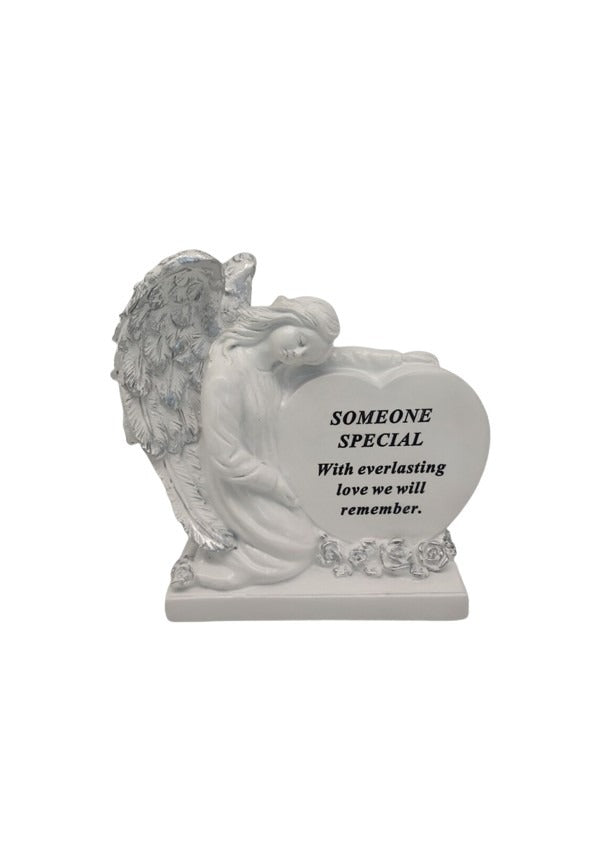 Options - A Stunning Memorial White Heart With Sleeping Angel, indoor & outdoor use