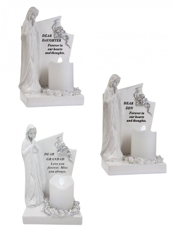 Option - White & Silver Praying Mary With Flickering Candle memorial