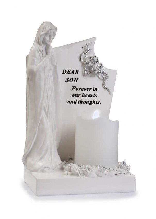 Option - White & Silver Praying Mary With Flickering Candle memorial