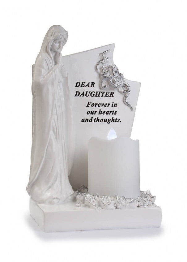 Option - White & Silver Praying Mary With Flickering Candle memorial