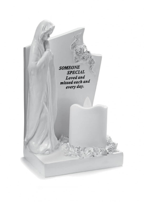 Option - White & Silver Praying Mary With Flickering Candle memorial