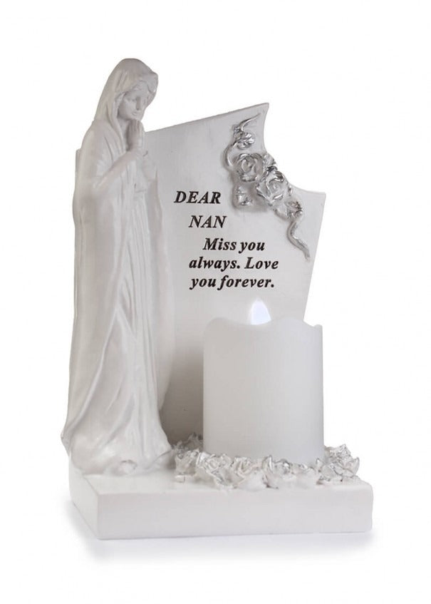 Option - White & Silver Praying Mary With Flickering Candle memorial