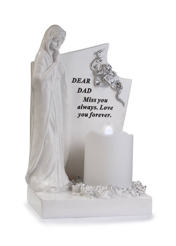 Option - White & Silver Praying Mary With Flickering Candle memorial