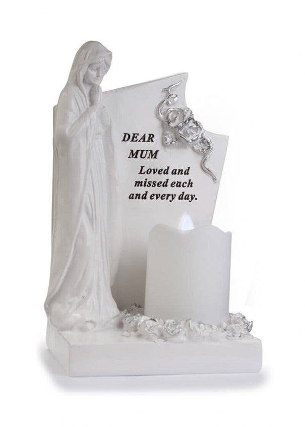 Option - White & Silver Praying Mary With Flickering Candle memorial