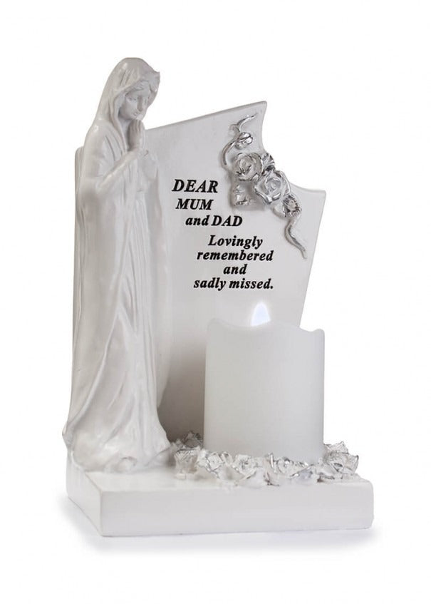 Option - White & Silver Praying Mary With Flickering Candle memorial