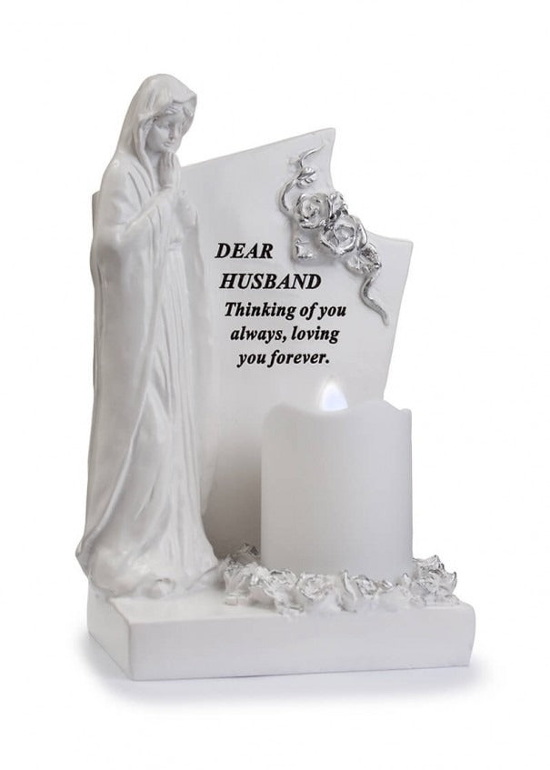 Option - White & Silver Praying Mary With Flickering Candle memorial