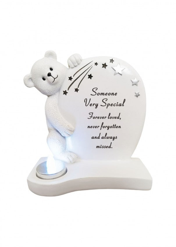 Options - White And Silver Teddy Plaque With Flickering T-Lite