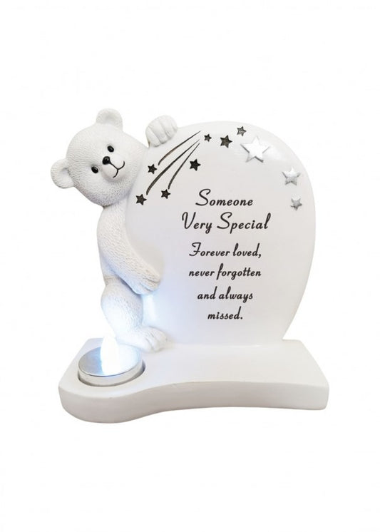 Options - White And Silver Teddy Plaque With Flickering T-Lite