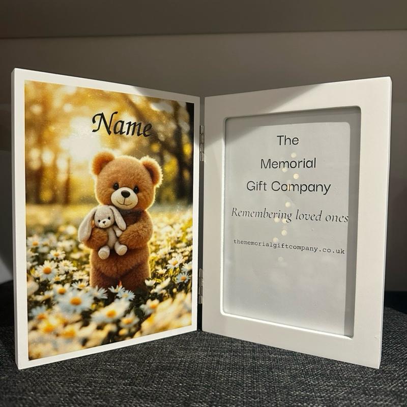 Teddy bear personalised hinged photo frame in white