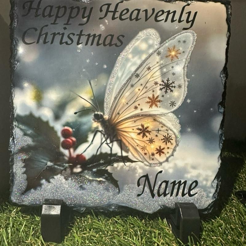 Personalised memorial Christmas butterfly design outdoor slate with glitter