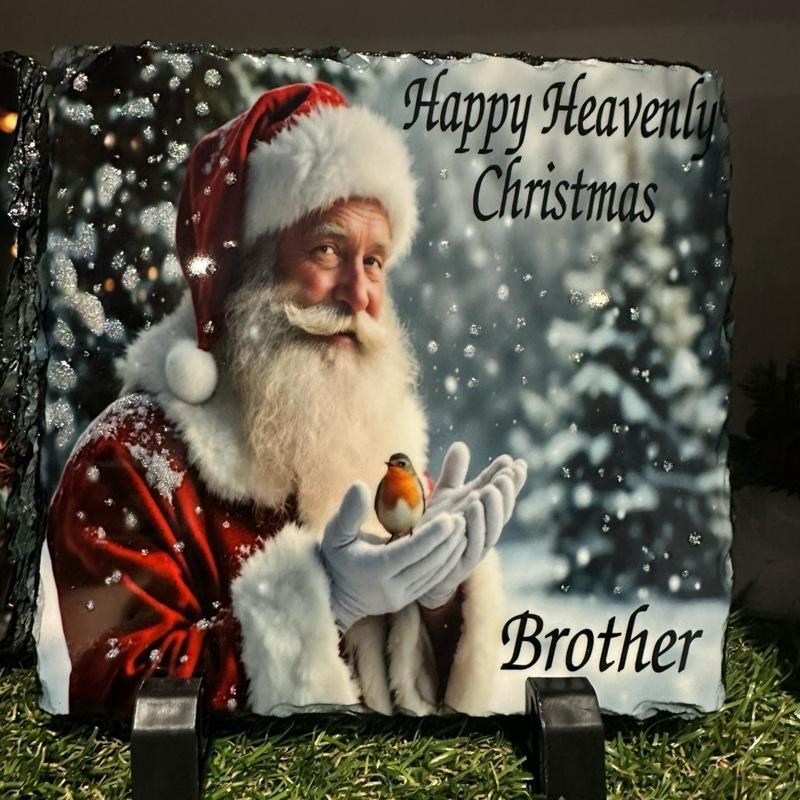 Personalised Santa & Robin memorial slate indoor and outdoor with glitter