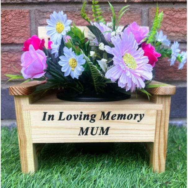 The Wooden bench memorial flower vase for garden or graveside