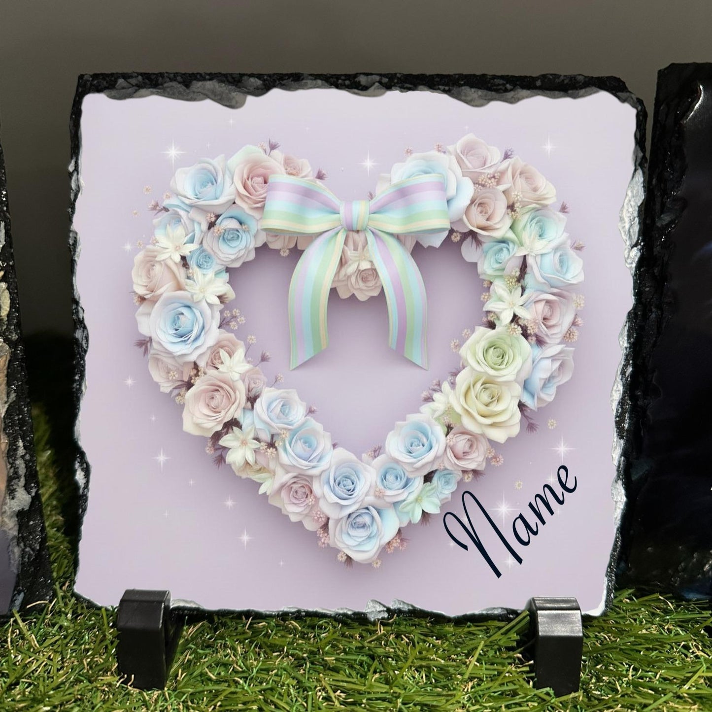 Personalised Pastel Rose heart with bow design outdoor or indoor slate with or crystal details