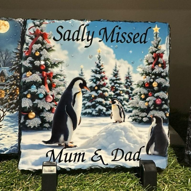 personalised penguins in the snow memorial slate with glitter indoor and outdoors