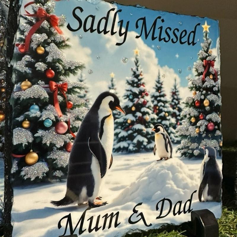 personalised penguins in the snow memorial slate with glitter indoor and outdoors