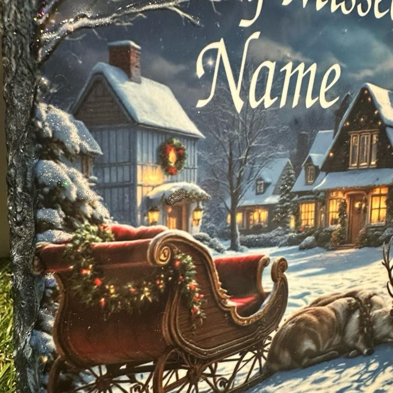 Personalised memorial Christmas sleigh & reindeer design outdoor slate with glitter details