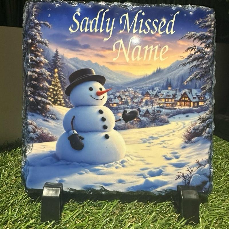 Personalised memorial Christmas snowman design outdoor slate with glitter details