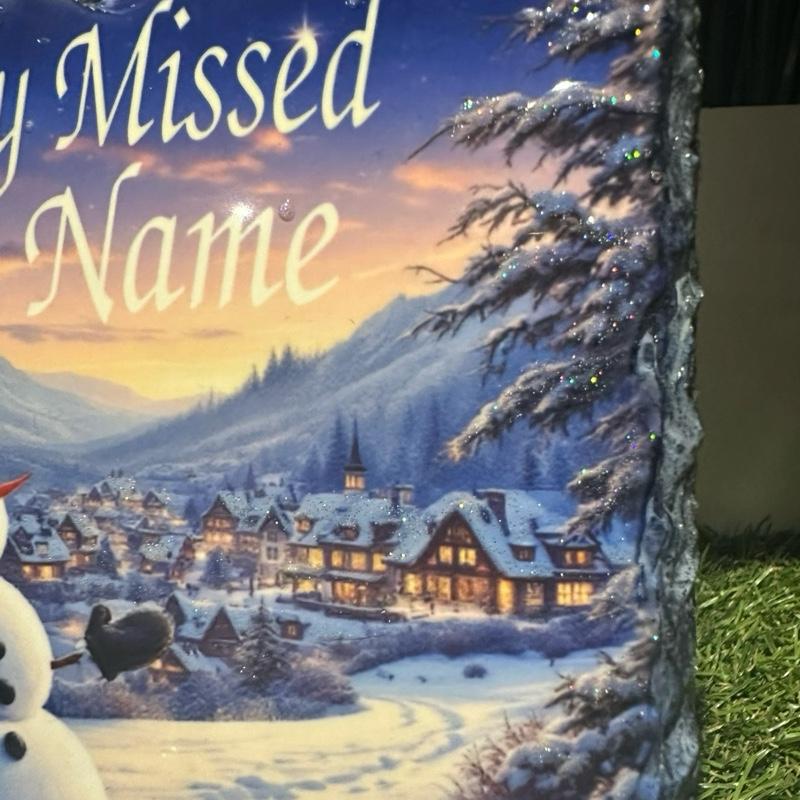 Personalised memorial Christmas snowman design outdoor slate with glitter details