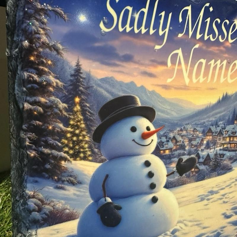 Personalised memorial Christmas snowman design outdoor slate with glitter details