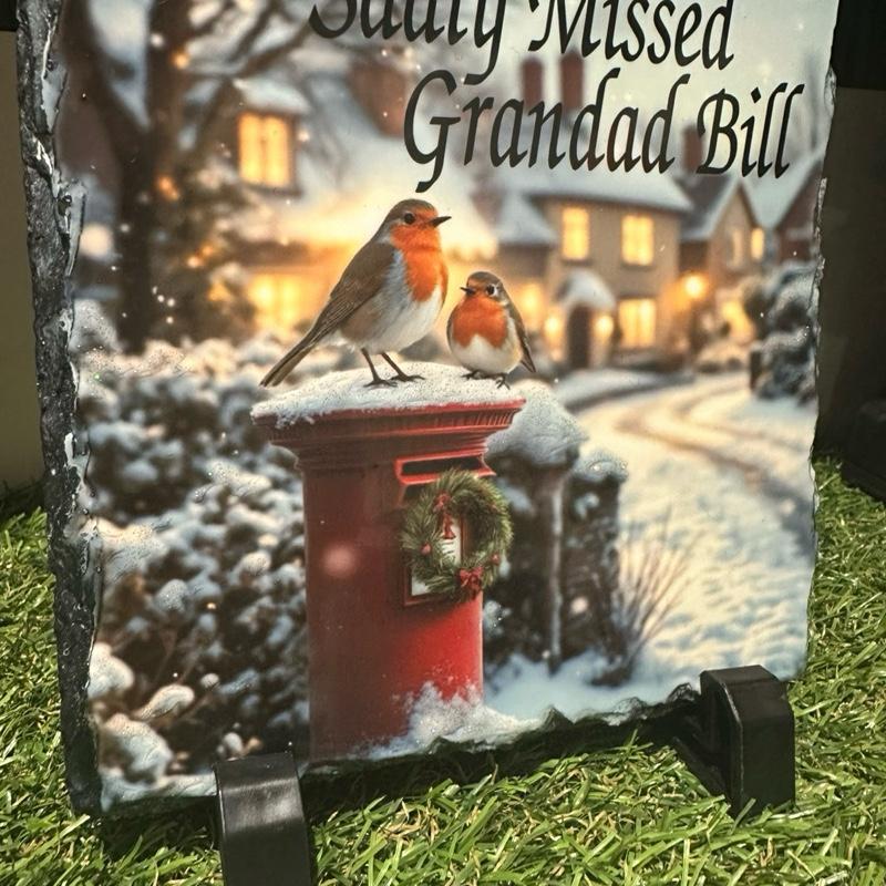 Personalised memorial Christmas robin design outdoor slate with glitter details
