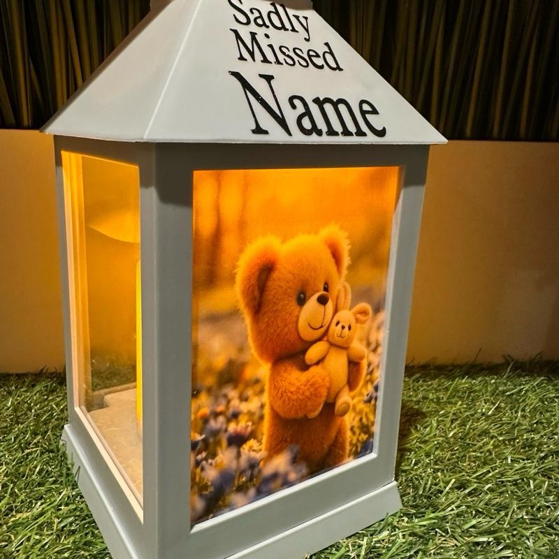 Teddy & bunny memorial lantern with blue flowers - grey & black glitter lantern with build in 6 hour timer