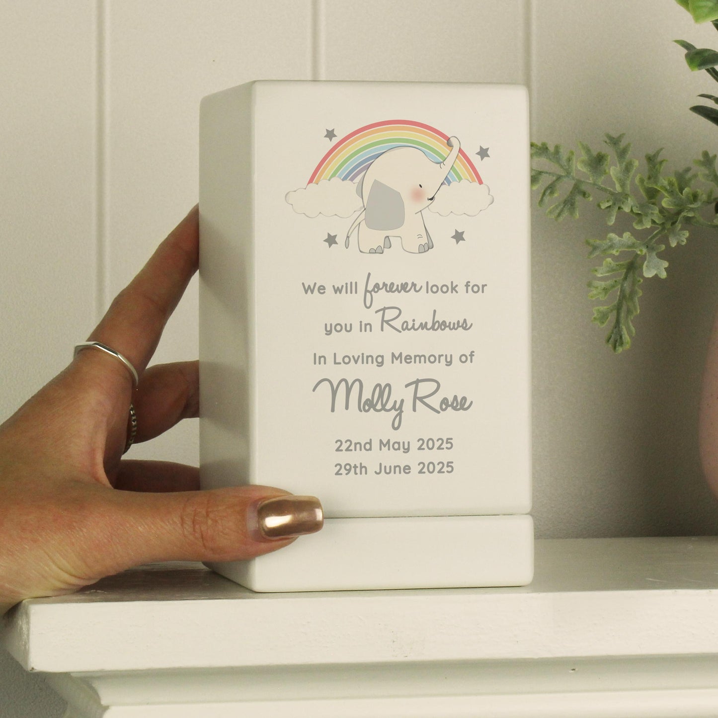 Personalised Childs Rainbow Elephant Memorial Small Wooden Urn