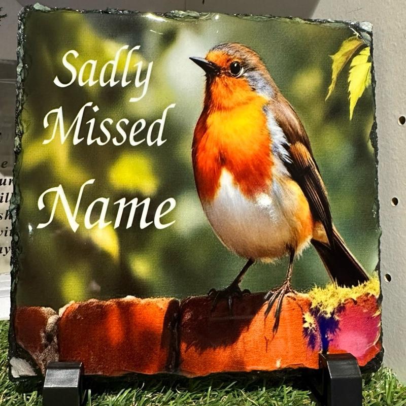 Personalised memorial single robin design slate - in or outdoor