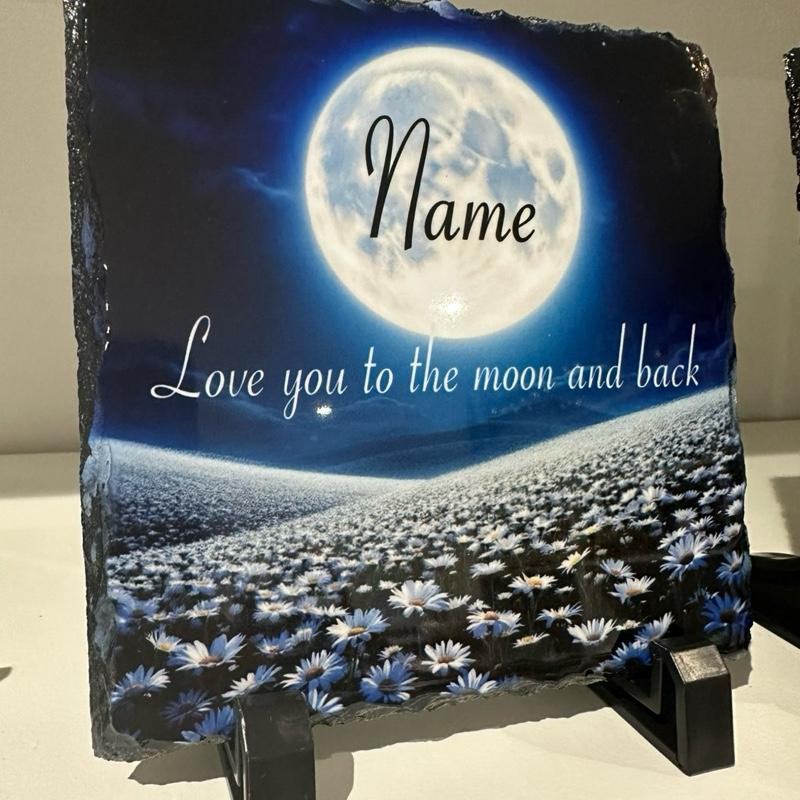 Personalised love you to the moon & back memorial slate indoor and outdoor