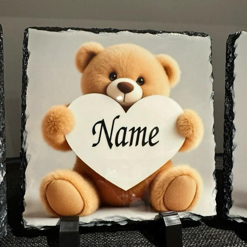 Personalised teddy bear heart design outdoor slate garden memorial - glitter heart outer detail option