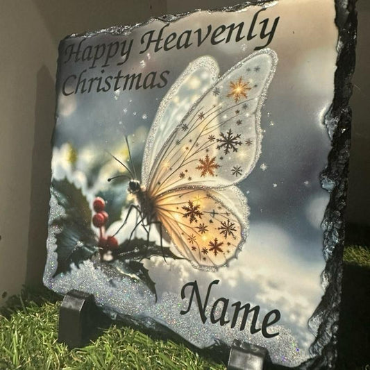 Personalised memorial Christmas butterfly design outdoor slate with glitter