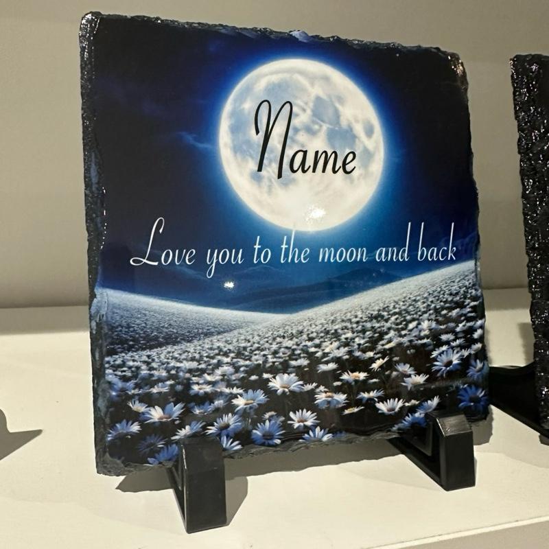 Personalised love you to the moon & back memorial slate indoor and outdoor