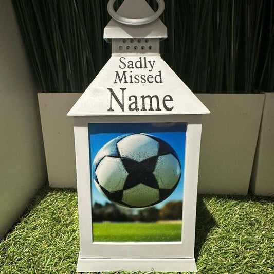 Personalised - football memorial outdoor lantern grey & black glitter detail with built in timer