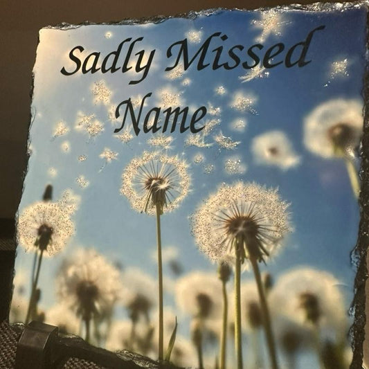 Personalised glitter dandelion memorial design outdoor slate with glitter detail