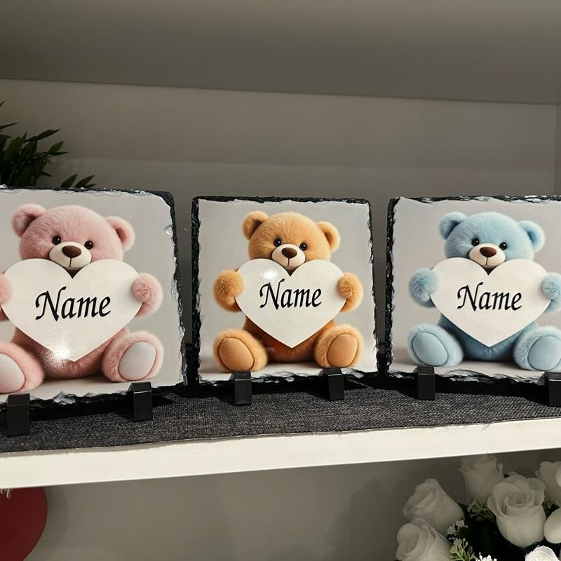 Personalised teddy bear heart design outdoor slate garden memorial - glitter heart outer detail option