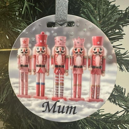 Pink nutcracker Christmas tree bauble acrylic glitter detail