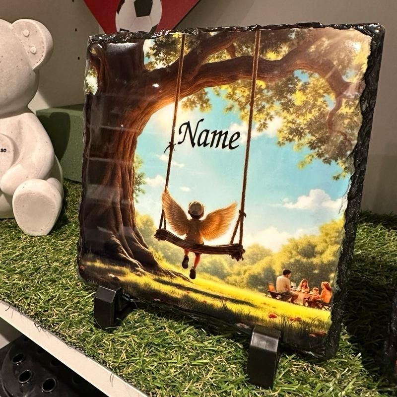 Personalised swing little boy or little girl angel wings design outdoor slate garden memorial